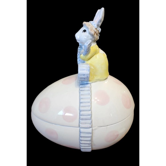 Vtg FITZ & FLOYD EASTER BUNNY RABBIT W/ PINK POLKA DOTS BOWL W/ LID - Picture 5 of 11